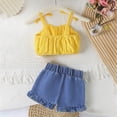 thumbnail image 5 of kaprioy Toddler Girl Clothes Toddler Baby Girl Summer Outfit 9 12 18 24 Months 2T 3T Bow Tie Strap Suspender Top Fringed Denim Shorts Cute 2 Pcs Clothes Set, 5 of 7