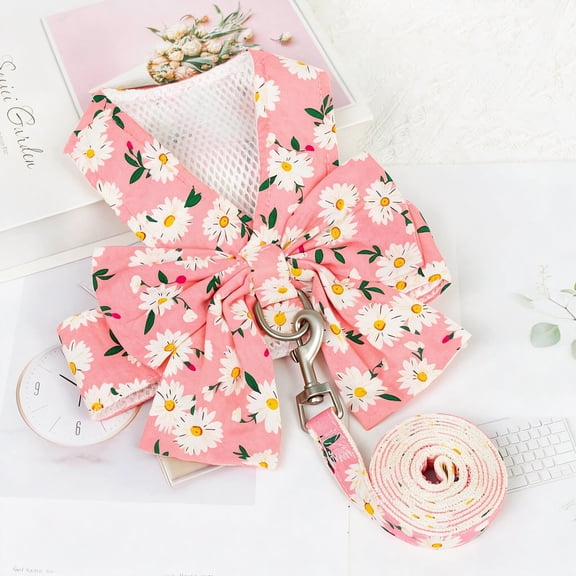 GASTROPOD Dog Harness and Leash Set with Bow Knot No Pull Pet Daisy Floral Harness with D-Ring Soft Mesh Dog Harness Vest Set Escape Proof Princess Puppy Harness for Small Girl Dogs Cats(Pink Xs)