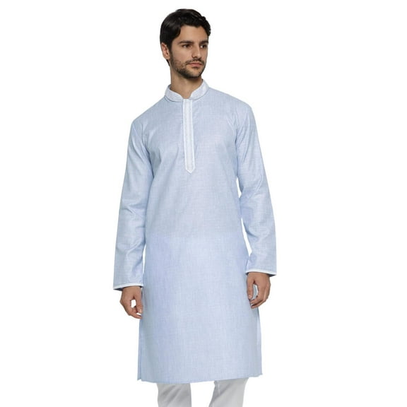 Ethnix Men's Banded Collar Solid Blue Textured with Embroidered Placket Long Kurta Tunic; Blue; XS