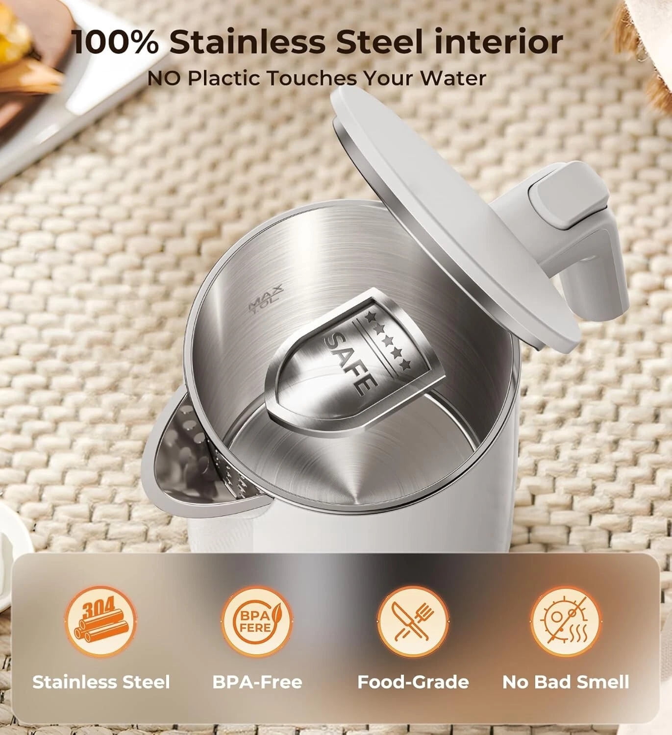 Electric Kettle 1.0L | 7 Temp Control, Cool Touch, Keep Warm, Auto Shut-Off-WHITE