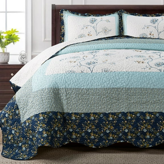 Home Soft Things 3 Piece Dorset Floral Patchwork Bedspread Set - Blue - King (102" x 90")