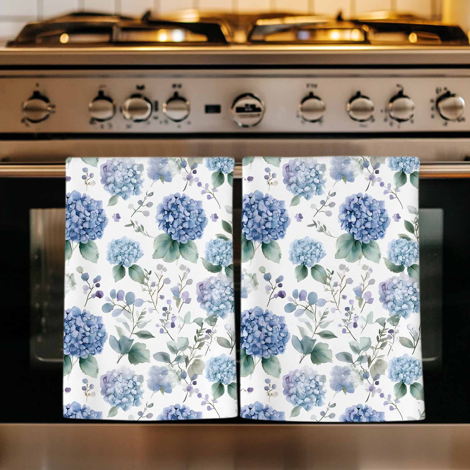 Blue Spring Floral Kitchen Towels Set of 2, Watercolor Botanical Elegant Soft Microfiber Dish Towels, Absorbent Quick-Dry Washable Dishcloths for Kitchen Cleaning, Drying Dishes, 18x28 Inches