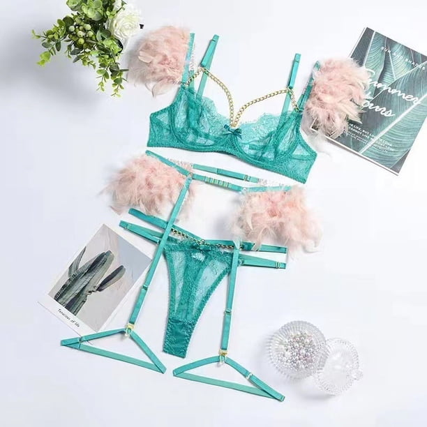 Traje de lencería sexy fina de encaje transpirable con plumas de malla push up de artesanía compleja popular europea y americana