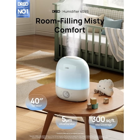 DREO Humidifier 409S, Humidifiers for Bedroom Baby, Ultra Quiet 28dB & 3L Top Fill Cool Mist Humidifier for Nursery, Smart Air humidifier for Plants, 1500+ RGB Night Light & Sleep Routine Trainer