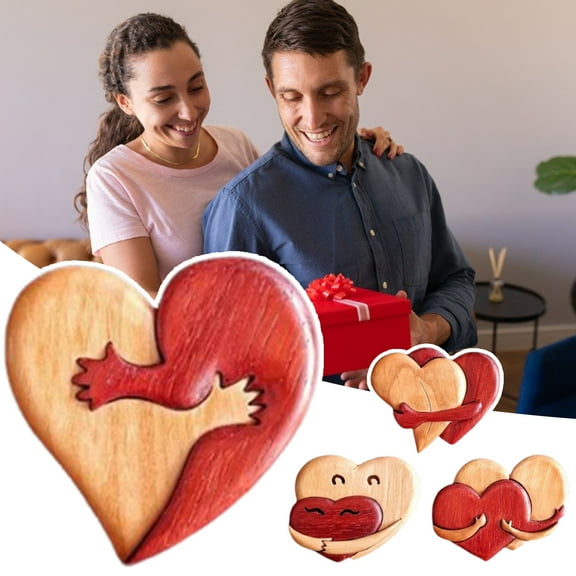 Wooden Heart Ornament Handmade Hugging Love Hearts Romantic Heart Ornament Couple Keepsake Gift for Wedding Anniversary Valentine's Day