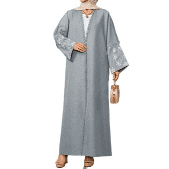 Muslim Women's Light Blue Open Front Cardigan, Artistic Print Sleeves Abaya, Islamic Prayer Robe, Elegant Daily Casual, Festival Gathering Gown