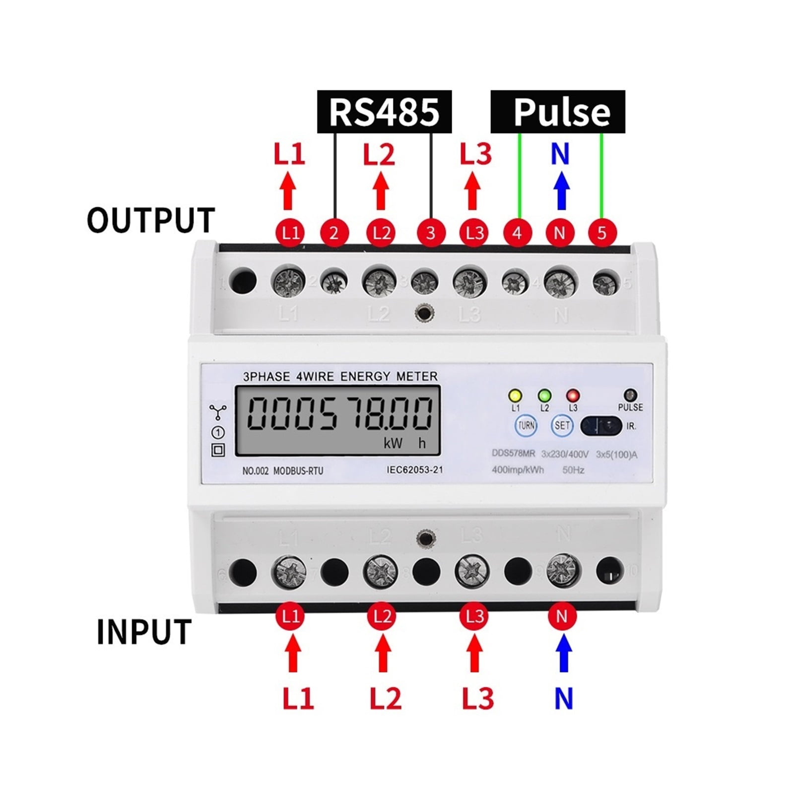 5-100A 3 Phase 4 Wire DIN Rail Energy Meter Digital Power Factor Monitor With Voltage Current Frequency Display Power Consumption Monitor ,Overload Protection