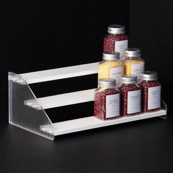 Tiered Spice Rack, 3-Tier Spice Pantry Kitchen Cabinet Organizer, 12-Inch, Natural Wood Acrylic Stair Riser Stand, Countertop Seasoning Shelf (White)