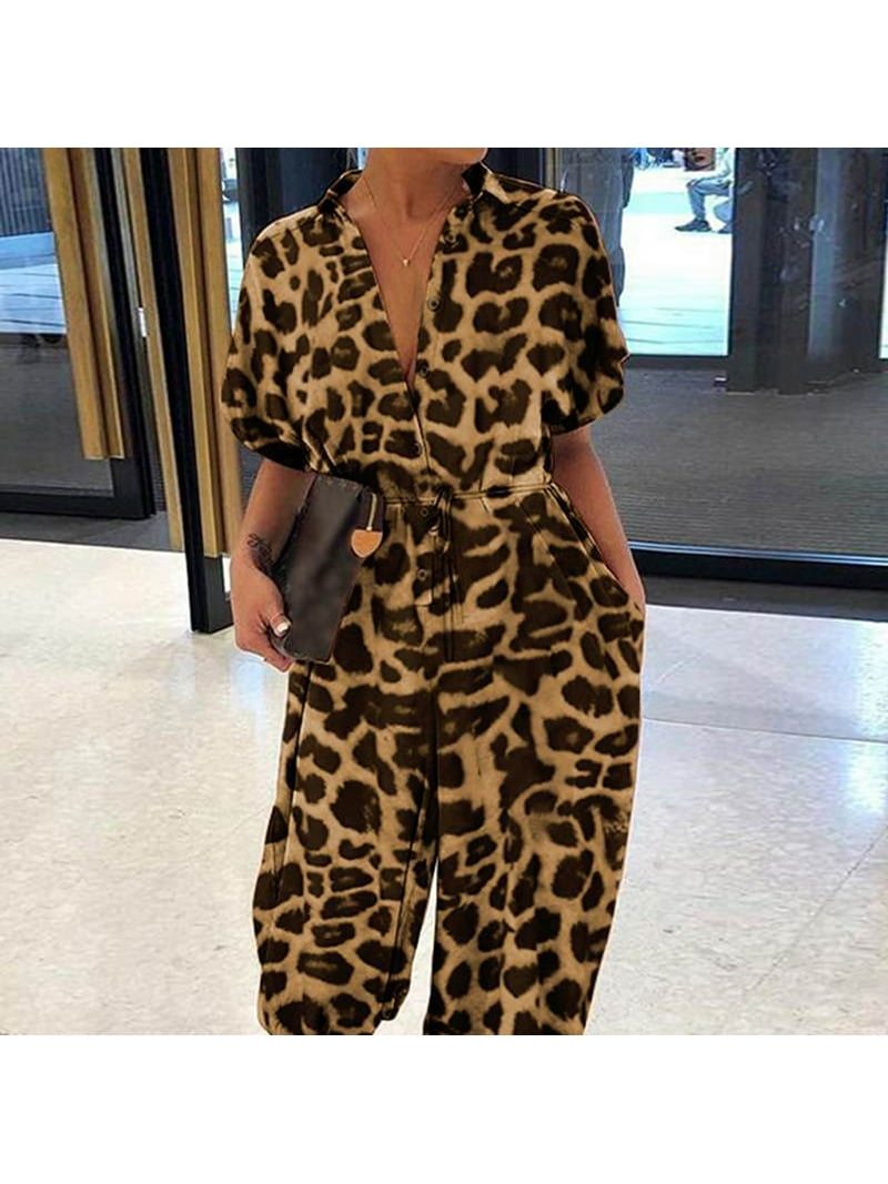 WQJNWEQ Graphic Tees for Women Clearance Women Leopard Print Lapel Long Button Rompers Short Sleeve Jumpsuits Brown - Walmart.com