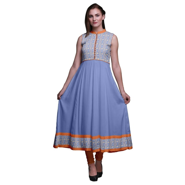 Bimba Robe Anarkali Géométrique Bleu Lavande Col Mandarin Sans Manches Kurtis pour Femmes Imprimé Robe Maxi Moyen