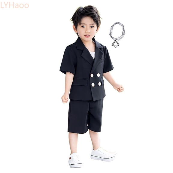 LYHaoo Boys Business Suits Short Sleeve Coat 3 Piece Outfit Tuxedo Set For Kids Formal Suit For Boys With Shorts Pants Necklace Set Slim Boys School Clothing Sets Sizes (2-3 Years)