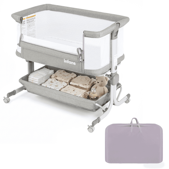 OLAKIDS 3-in-1 Baby Bassinet, Bedside Sleeper with Comfy Mattress, Wheels, 6-Height Adjustable, Storage Basket, Travel Bag, Portable Mesh Crib, Gray