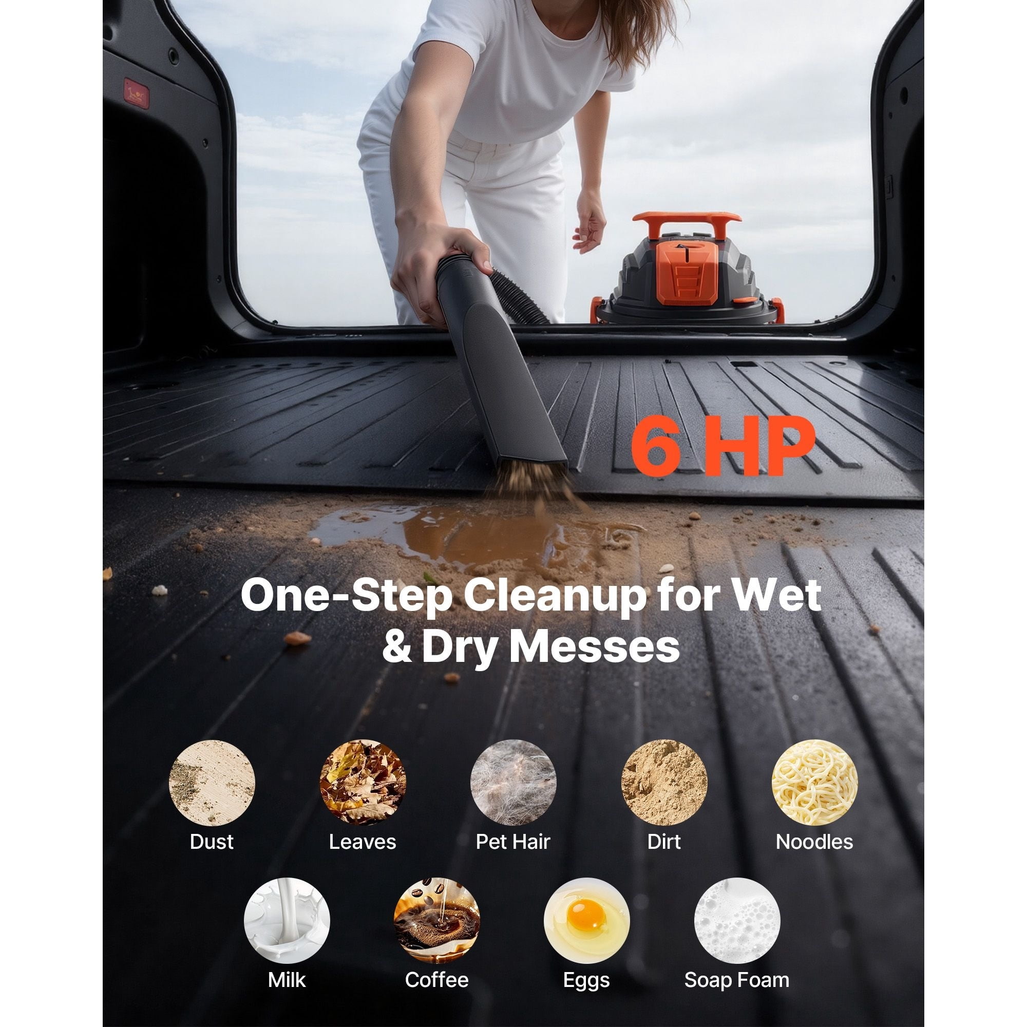 8-Gal 6HP Wet/Dry Vac, Self-Cleaning, Metal Tank
