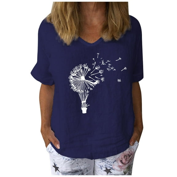Womens Plus Size $5,Womens Short Sleeve Dandelions Printed V-Neck Tops T-Shirt Loose Casual Blouse