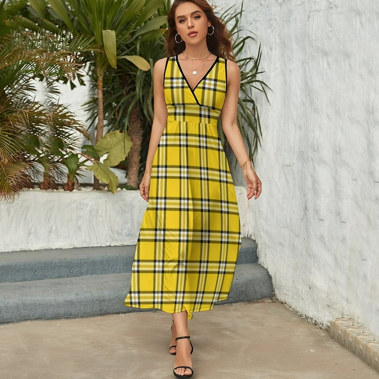 Maxi Dress Yellow Plaid Dress Black Lines Print Trendy Aesthetic Boho Beach  Long Dresses High Waist Graphic Oversize Clothing - Walmart.com