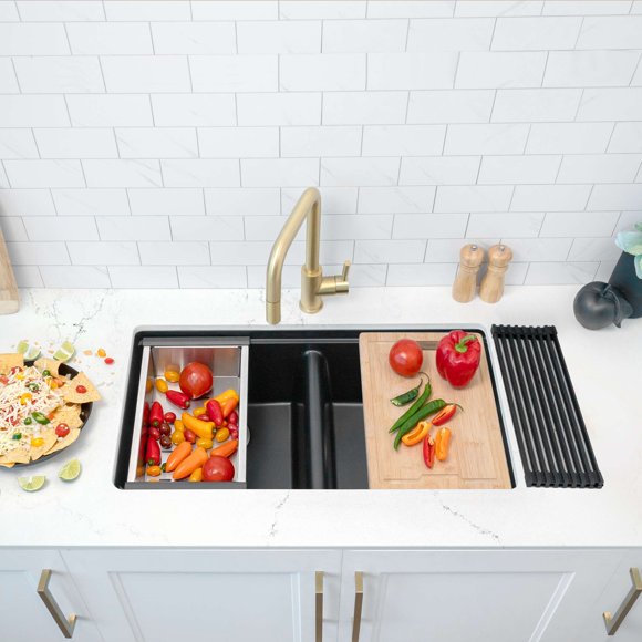 Stylish Dual Mount 33" Black Composite Granite Double Bowl Kitchen Sink with 5 Accessories S-833WN