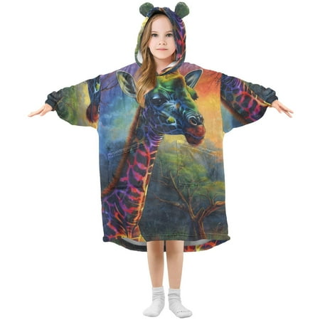 

joogoo Wearable Blanket Hoodie for Kids Giraffe in Forest and Rainbow Flannel Oversized Sweatshirt 3-14 Years L
