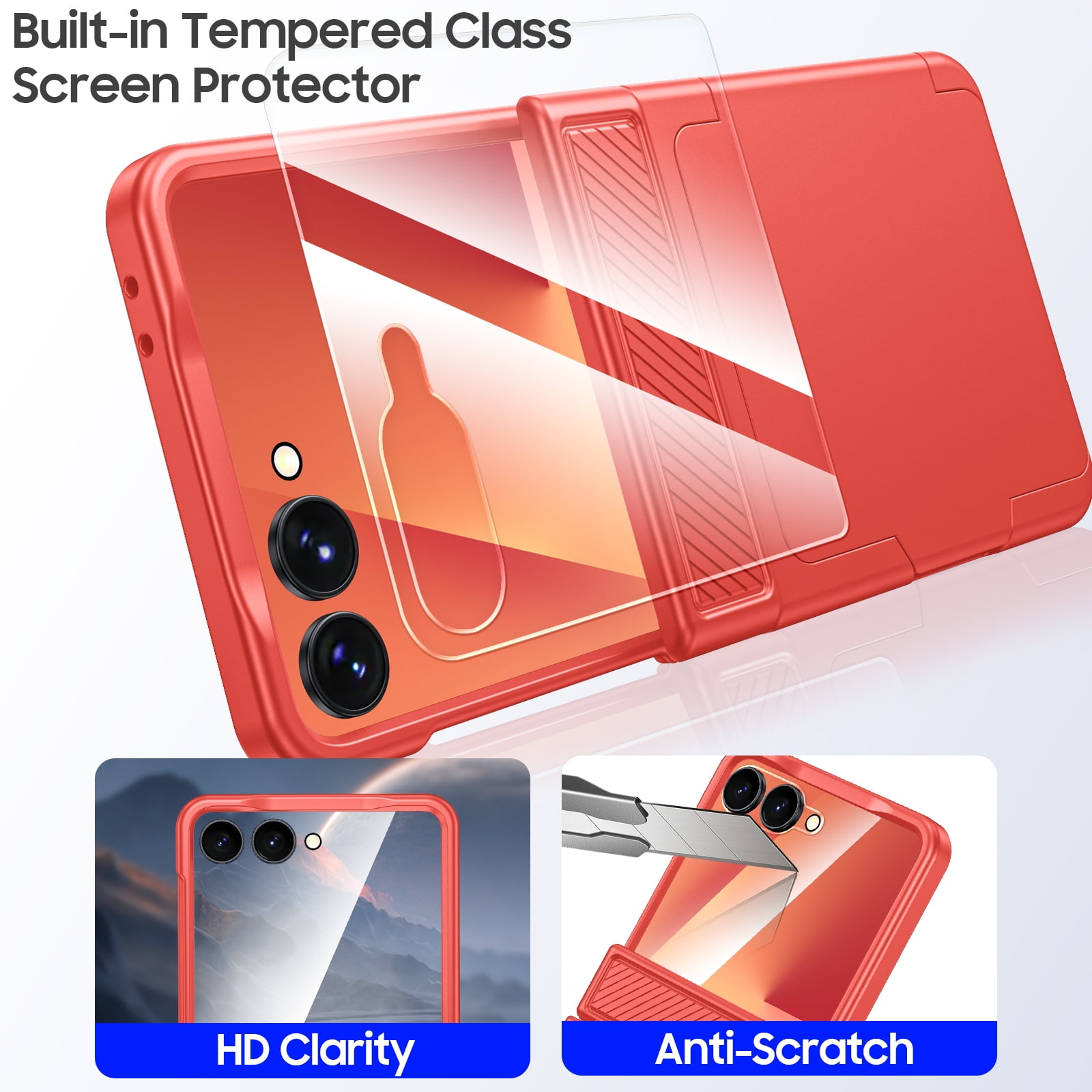 Vizvera for Samsung Galaxy Z Flip 7 Phone Case with Card Holder RFID Blocking,Built in Hinge Protection, Screen Protector-Rose Red