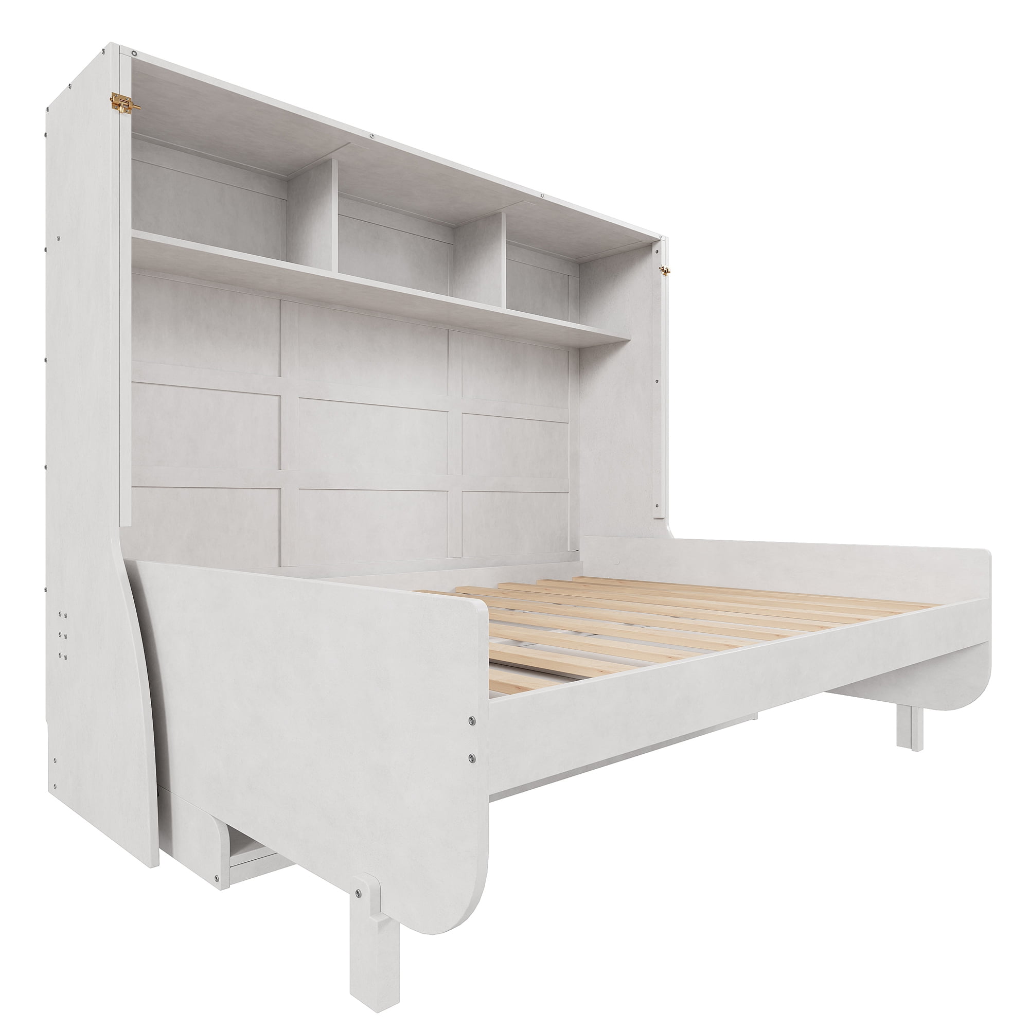 Euroco Wood Full Size Murphy Bed with Desk, Cabinet Bed with Shelves, Antique White