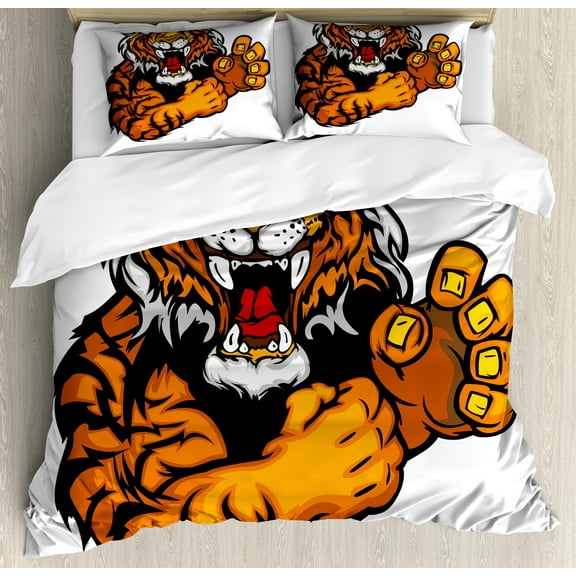 Tiger Duvet Cover Set, Cartoon Styled Very Angry Muscular Large Feline Mascot Animal Growling Print, Decorative 3 Piece Bedding Set with 2 Pillow Shams, Queen Size, Black and Orange, by Ambesonne