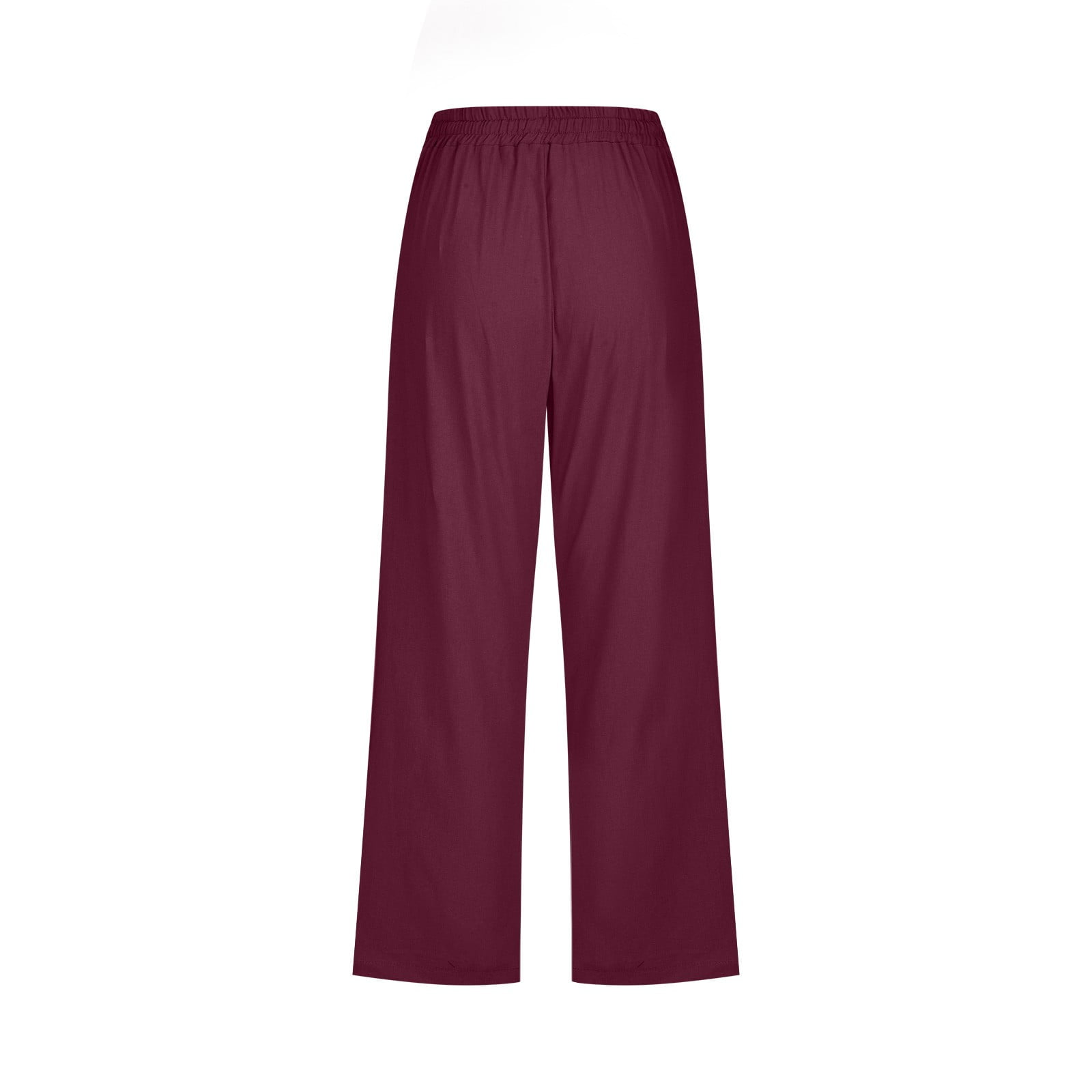 Women Casual Pants Solid Color Elastic High Waisted Drawstring Straight Wide Leg Calf-Length Trousers Pants With Pockets Female Trendy Hiking Travel Jogging Pants,Wine,M - image 5