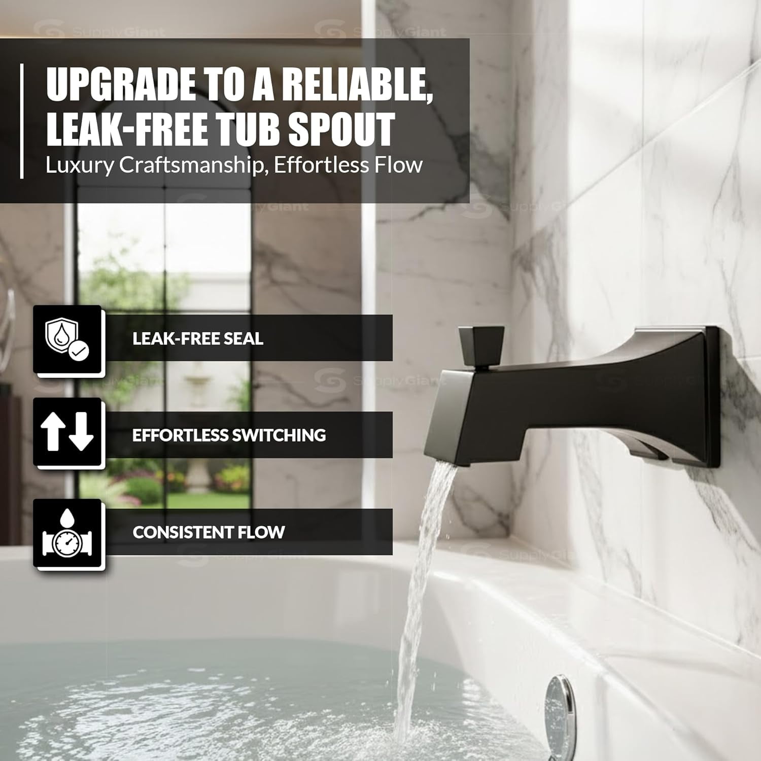 SUPPLYGIANT™ Tub Spout with Diverter 6" Square Bathtub Faucet with Decorative Matte Black Finish