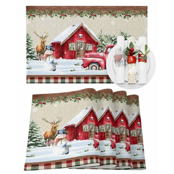 Christmas Placemats Set of 6, Snowman Xmas Trees Place Mats Balls Berry Deer Red Green Plaid Placemat Table Decoration for Kitchen Table Dinner Xmas Holiday Party Decor Indoor Outdoor 13x19 Inch