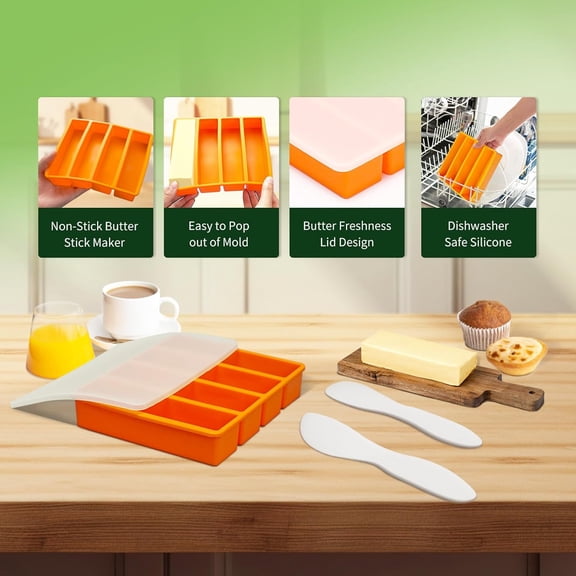 Silicone Butter Molds with Lid, Non-Stick Homemade Butter Mold, Includes 2 Spatulas, Freshness Locked, Easy Release, Versatile Shaping for Baking and Freezing, Orange