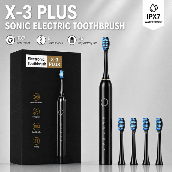 Rechargeable Electric Toothbrush with 4 Soft Bristle Heads, 6 Cleaning Modes, IPX7 Waterproof, 45-Day Battery Life, Travel Friendly (Black)
