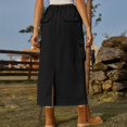 thumbnail image 2 of Defitshape Women's Long Denim Skirt Elastic High Waisted Western Summer Pleated Pocket Drawstring Back Split Drawstring Cargo Jean Skirts Black Medium, 2 of 5