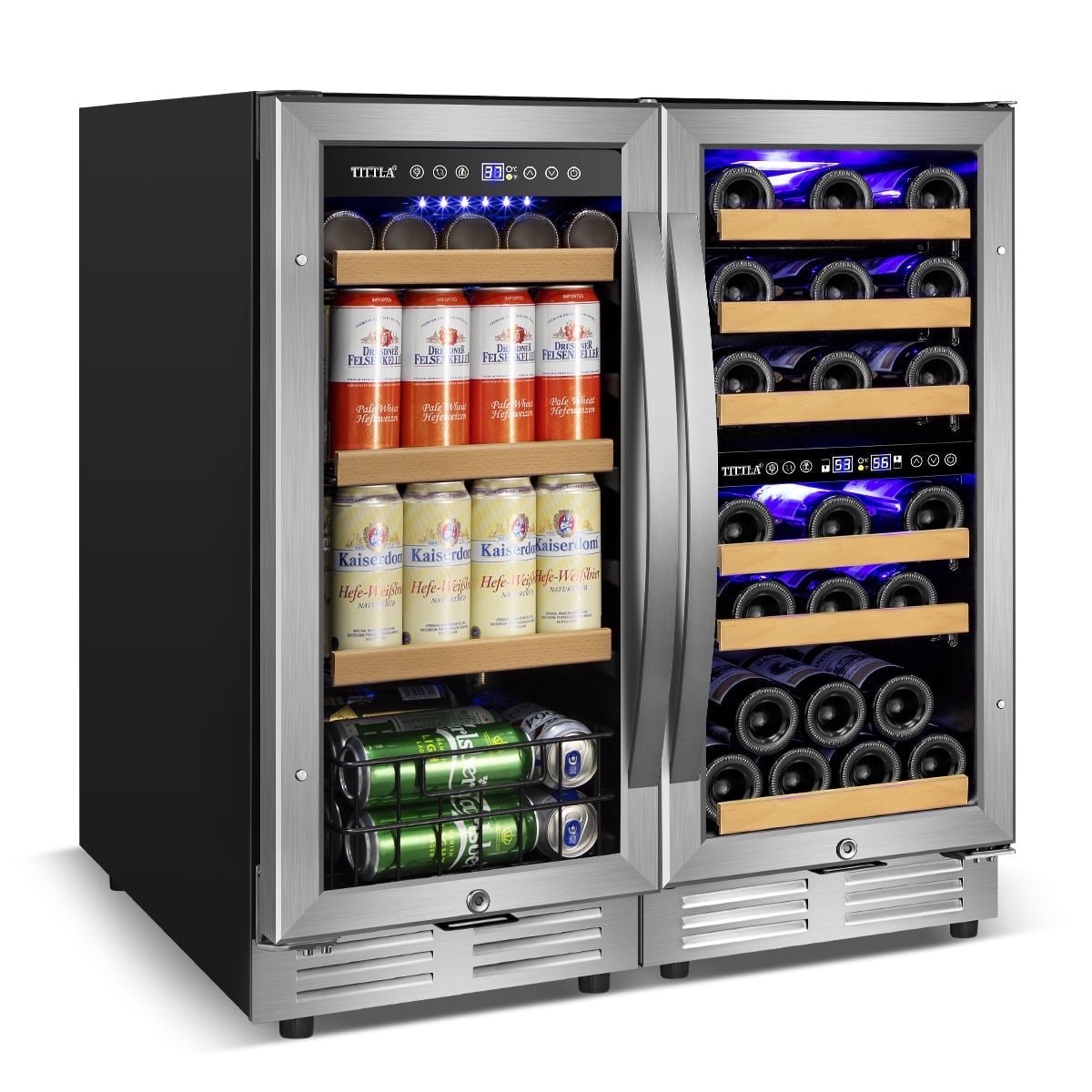 Tittla 15 Inch Dual Zone Wine Refrigerator and 15 Inch Beverage Refrigerator,Wine Cooler Holds 30 Bottles and 130 Cans for Kitchen Office
