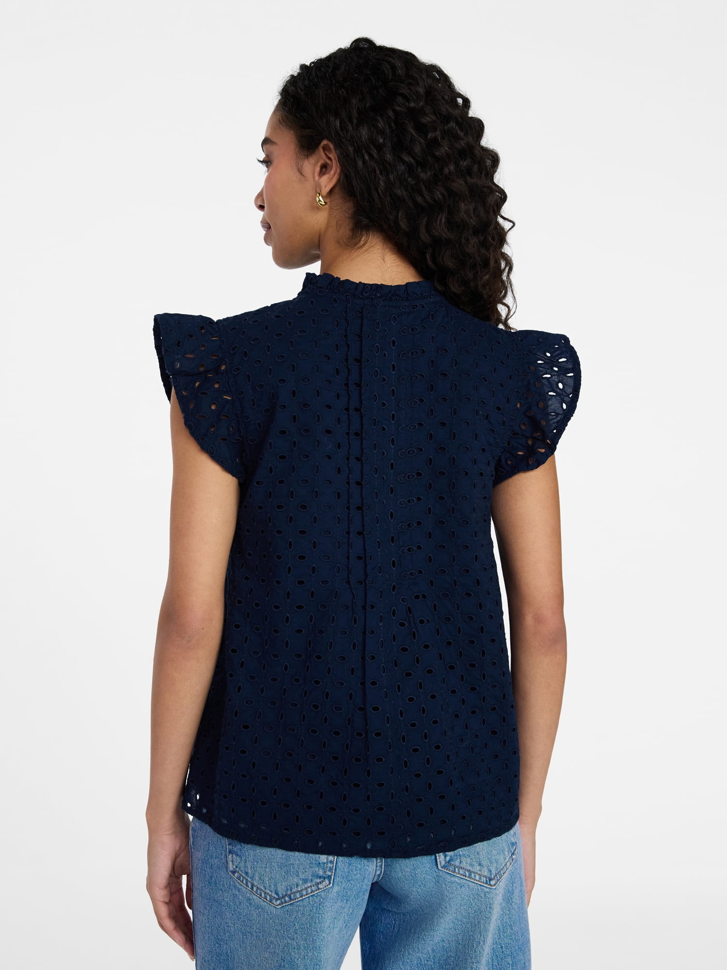 Time and Tru Women's Cotton Eyelet Top with Short Flutter Sleeves, Sizes XS-XXXL