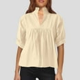 thumbnail image 2 of MIXUE Womens Summer Tops Solid Color V Neck Short Puff Sleeve Pleated Elegant Tee Shirts Streetwear,Beige,L, 2 of 5