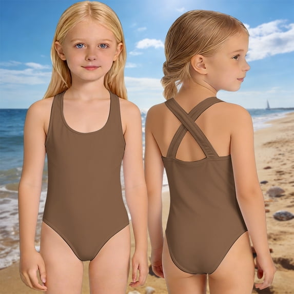 Girls One Piece Swimsuit - Backcross Style Classic Solid Color Bathing Suit for Kids Youth Comfortable Stretchy Swimwear for Pool Beach Summer Age 2-14(Brown/L)