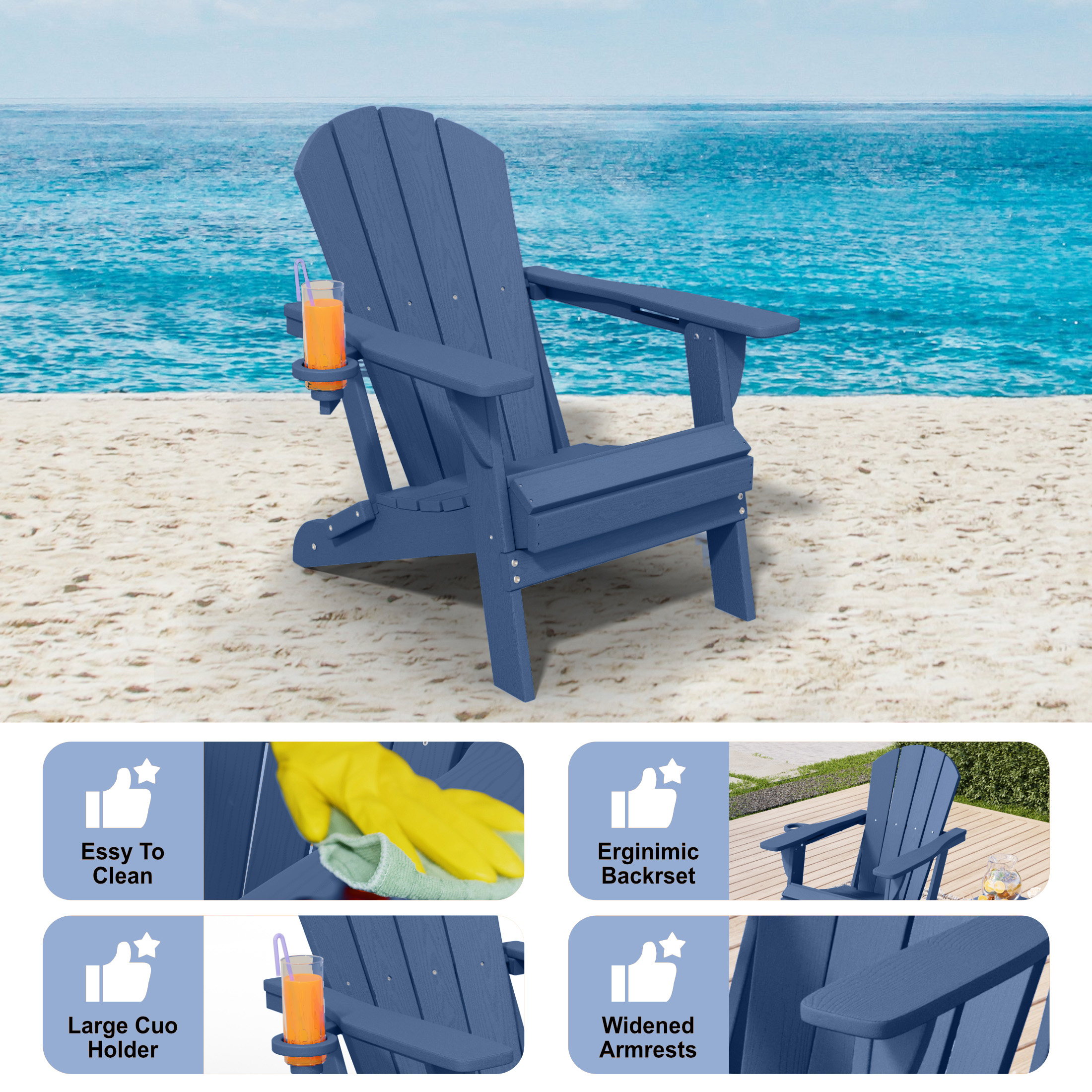 AreShark Adirondack Chair,HDPE All-Weather Patio Chairs Outdoor with Cup Holder, Lawn Chair with Weather Resistant for Outside Deck Lawn Garden, Weight Capacity Up to 380 Lbs –Navy