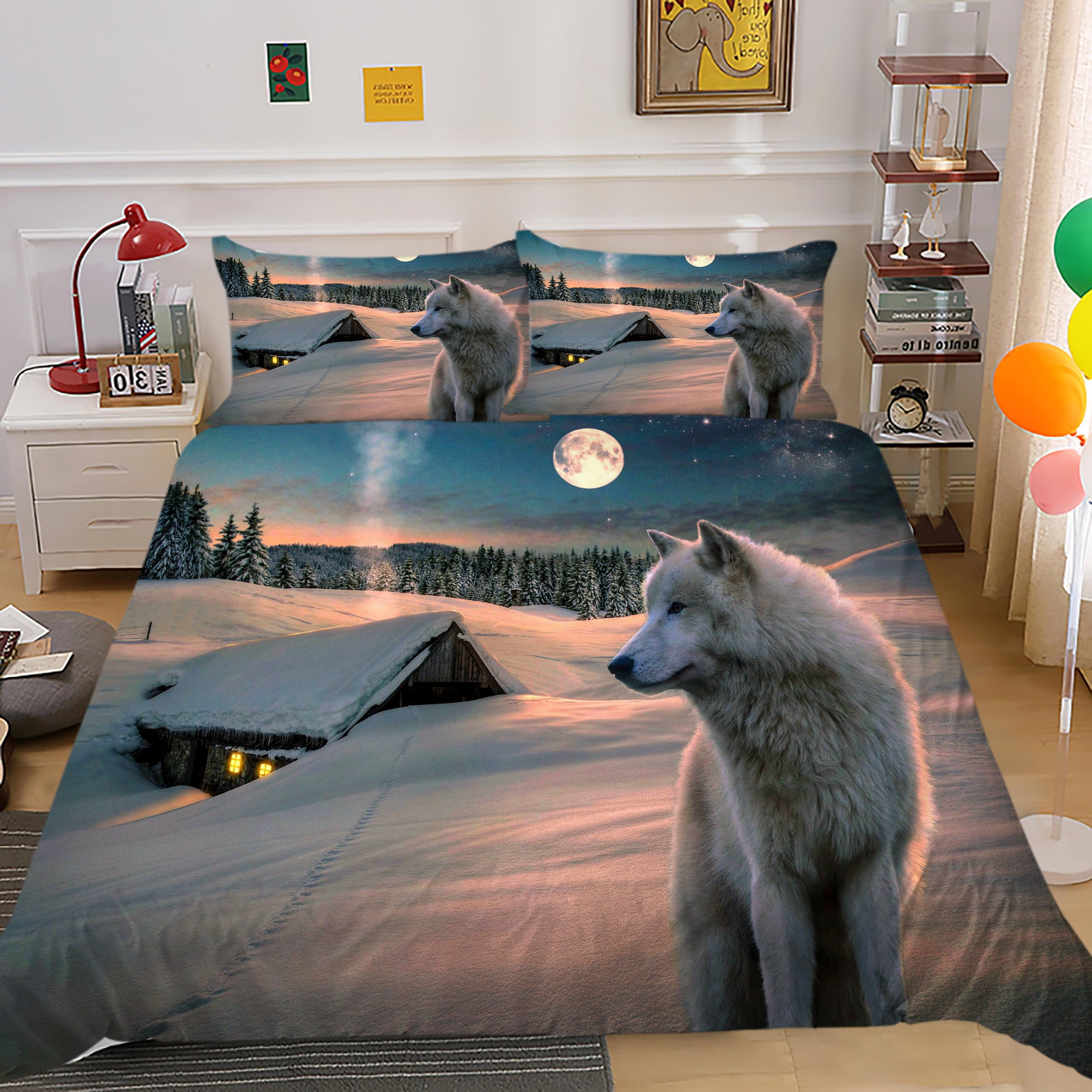 Soft Comforter Cover Set with Pillowcase Wolf Printed Bedding Cover Set