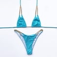 thumbnail image 4 of Wuxian Women 2 Piece Bikini Set Swimwear Summer Solid Color Chain Halter Backless Deep V-Neck Spaghetti Strap Push-Up Padded Bra Low Waist Swimsuit Fashionable Beachwear,Blue,M, 4 of 6