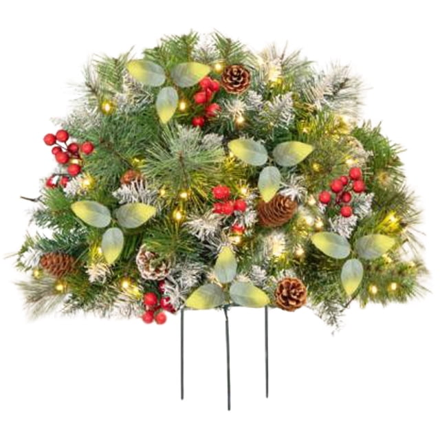 Arbres de Noël Extérieurs Éclairés Artificiels Pré-Éclairés avec Lumières LED Baies Rouges Pommes de Pin Décor de Vacances à Piles pour Jardinières Allée Cour Allée