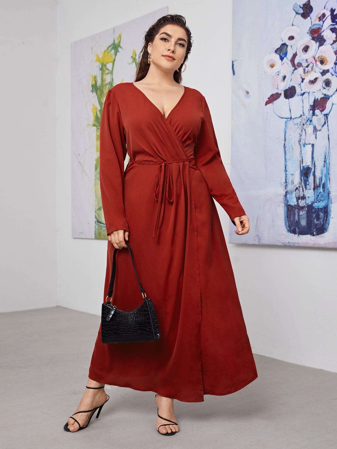 Modest Women's Plus Solid Belted Maxi Wrap Dress 2022 Burgundy 2XL(16)  S047X - Walmart.com