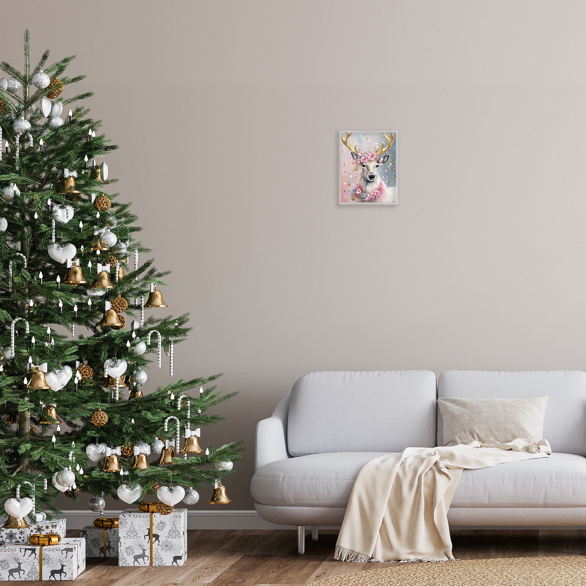 Stupell Industries Pink Floral Festive Reindeer Holiday Painting Gray Framed Art Prints Wall Art, 11 x 14