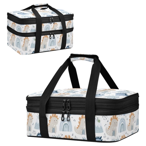 Large Double Decker Insulated Casserole Carrier Expandable 2-Layer Thermal Food Tote Bag Grey Dinosaur Hot Cold Pizza Lasagna Holder for Potluck Picnic Party Camping