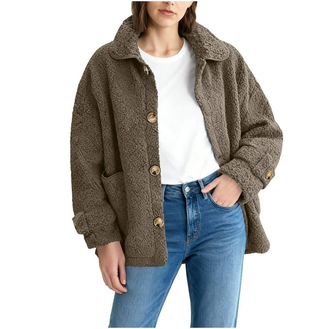 Vestes d'Hiver pour Femmes Veste Chaude en Laine d'Agneau avec Col à Revers et Boutons Design Chaud pour Femmes