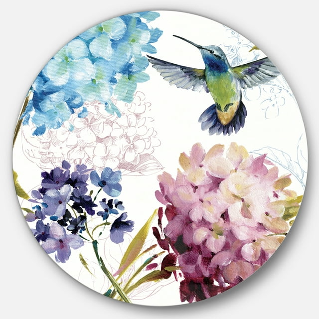 Designart 'Humming bird Blue Cottage Flower' Farmhouse Metal Circle Wall Art