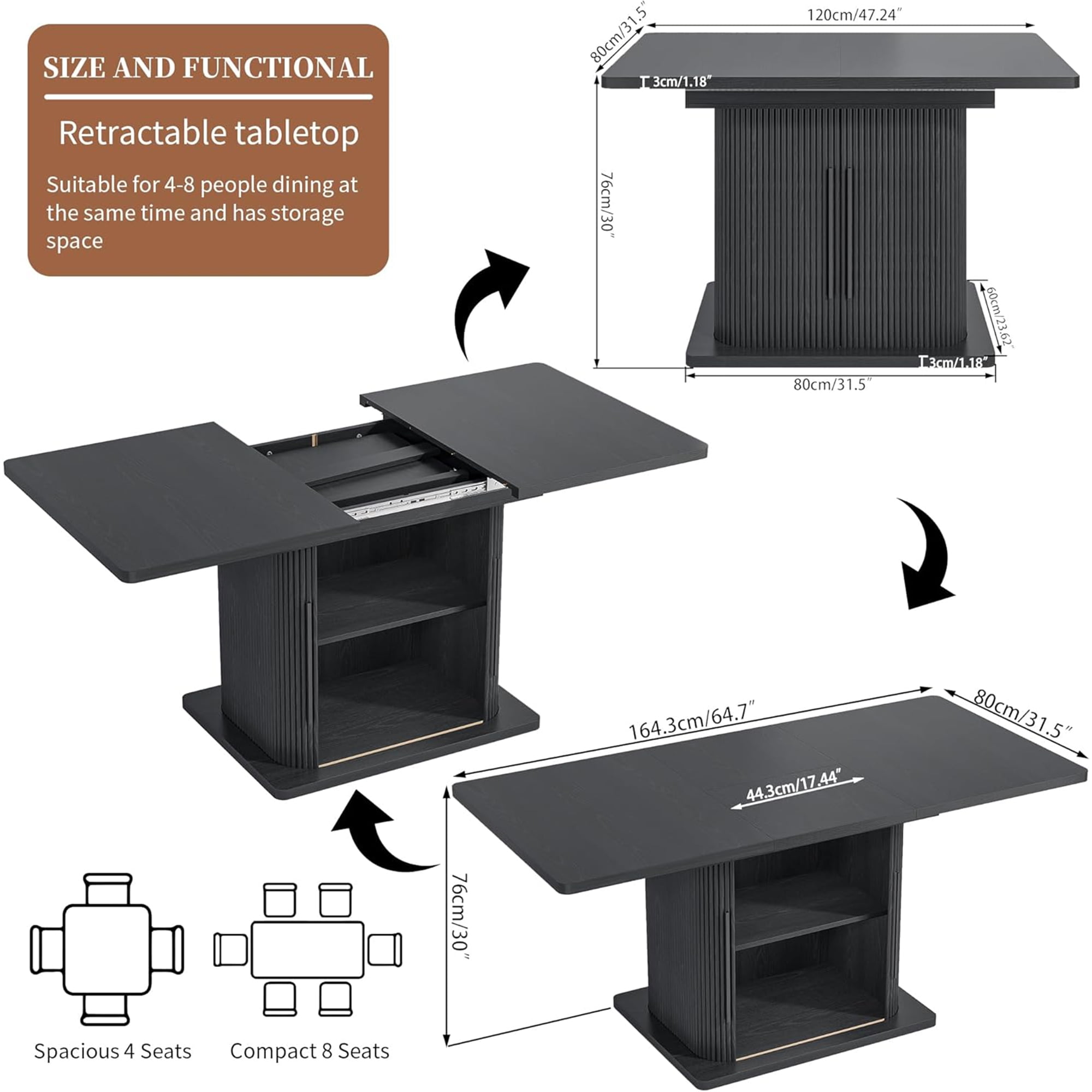Extendable Dining Table, Rectangle Kitchen Table with Storage Shelf, Modern Dining Room Table, Living Room, Office, Black