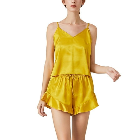 

Women Satin Silk Pajamas Set V Neck Top and Ruffle Shorts Sleepwear Gift