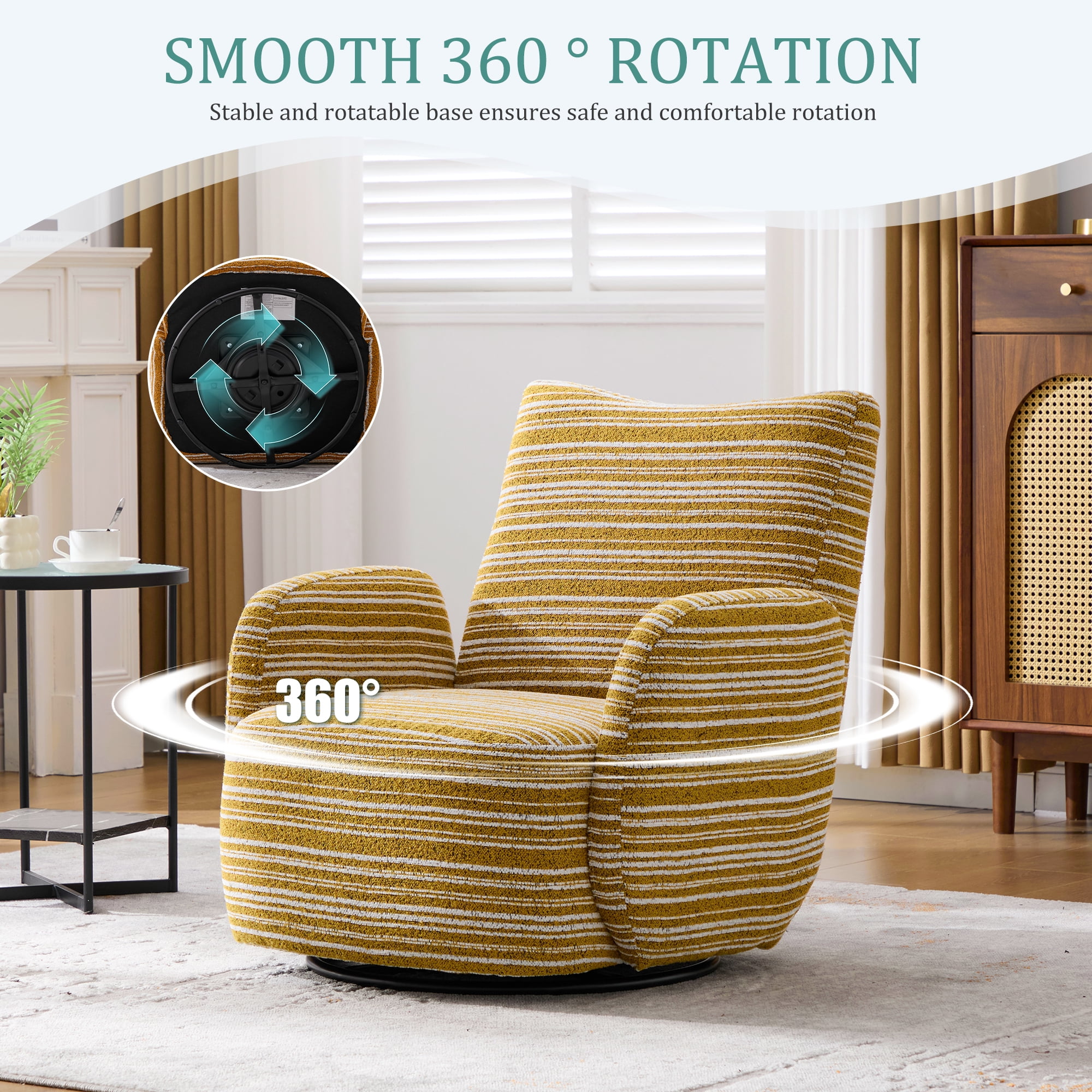 MOONMISS Boucle Upholstered 360°Swivel Fabric Striped Armrest Leisure Chair for Living room-Yellow