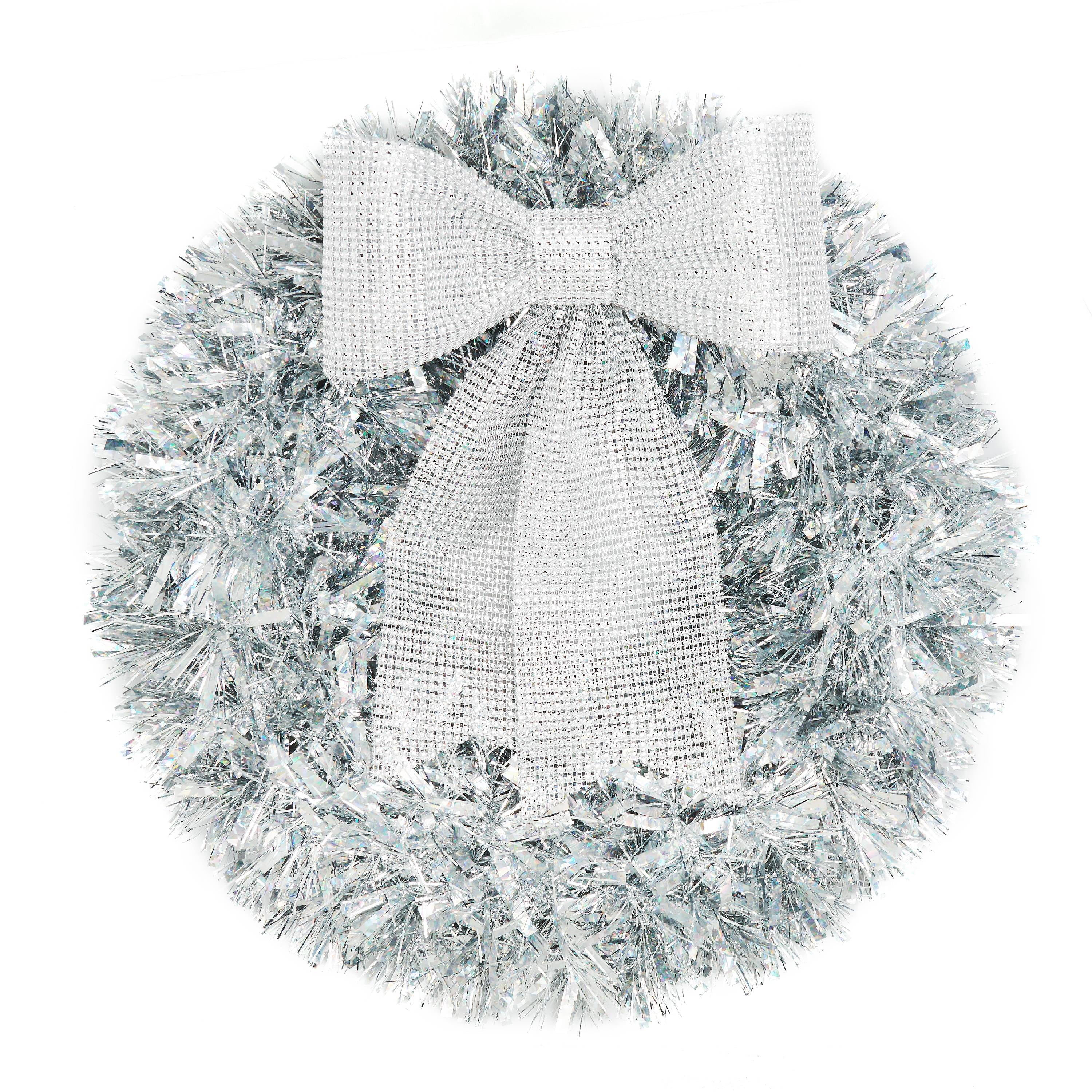 Holiday Time Silver Tinsel Wreath, 20"