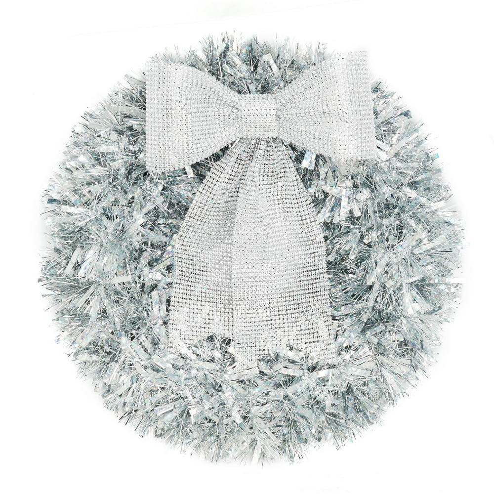 Holiday Time Silver Tinsel Wreath, 20"