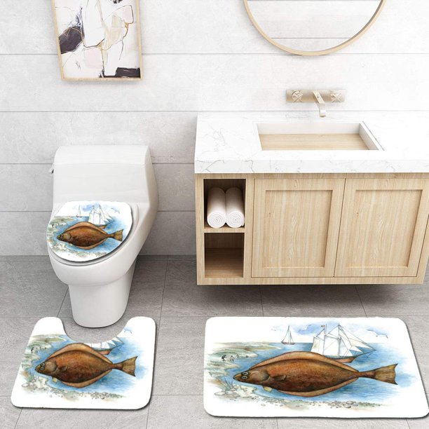ABPHQTO Dibujo de la mano de la serie de acuarela de la vida marina de los pescados del halibut Juego de alfombras de baño de 3 piezas Alfombra de baño Alfombra de contorno y tapa de inodoro ABPHQTO Cont-CHAPPLE-24508