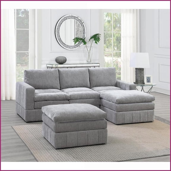 Contemporary 5pc Modular Sectional Sofa Set – Gray Suede Fabric, Plush Triple-Layer Cushions, Living Room | Gray | Suede | Cushion Back